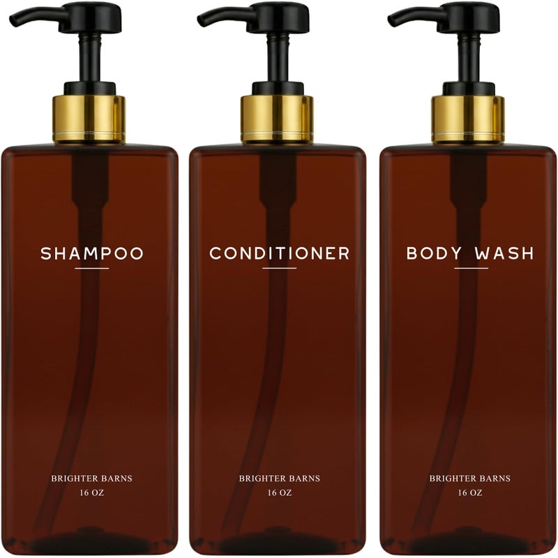 Brighter Barns Amber Shampoo and Conditioner Dispenser Set by Brighter Barns - Empty Body Wash Bottle with Pump - Refillable Shampoo Dispenser for Shower, Guest Bathroom, Spa, Airbnb Decor, Housewarming Gift (Amber) - Image 1