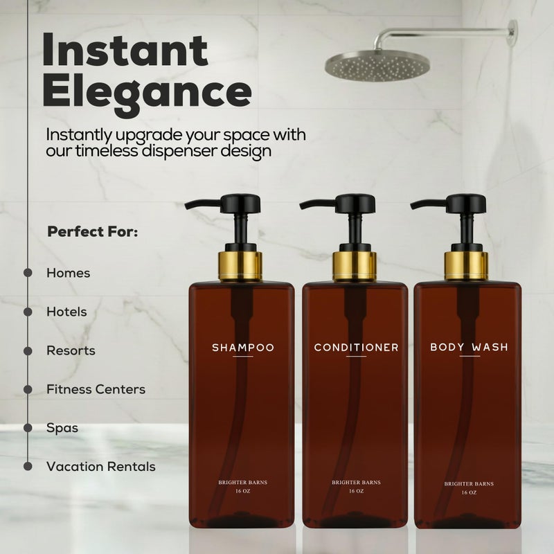 Brighter Barns Amber Shampoo and Conditioner Dispenser Set by Brighter Barns - Empty Body Wash Bottle with Pump - Refillable Shampoo Dispenser for Shower, Guest Bathroom, Spa, Airbnb Decor, Housewarming Gift (Amber) - Image 2