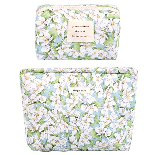Sminra 2 Pcs Floral Makeup Bag Large Travel Cotton Quilted Cosmetic Makeup Bag Organizer, Cute Coquette Aesthetic Zipper Portable Pouch Purse Storage Toiletry Bag for Women Girls accessories - Image 1