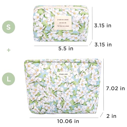Sminra 2 Pcs Floral Makeup Bag Large Travel Cotton Quilted Cosmetic Makeup Bag Organizer, Cute Coquette Aesthetic Zipper Portable Pouch Purse Storage Toiletry Bag for Women Girls accessories - Image 2
