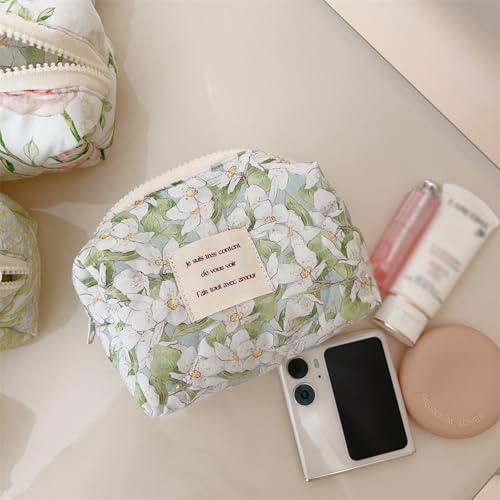 Sminra 2 Pcs Floral Makeup Bag Large Travel Cotton Quilted Cosmetic Makeup Bag Organizer, Cute Coquette Aesthetic Zipper Portable Pouch Purse Storage Toiletry Bag for Women Girls accessories - Image 5