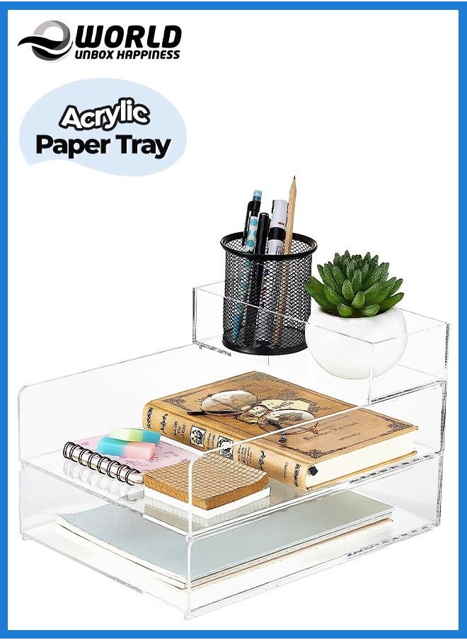 Eworld 3 Tier Stackable Acrylic Paper File Tray Clear Desk Organizer for Letter Size Documents, Versatile Office and Classroom Storage Rack with Transparent Display Stand for Workspace and Mail Arrangement  - Image 1