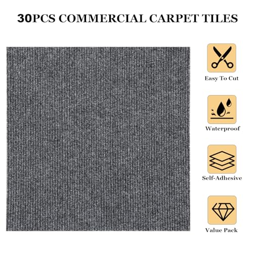AKOLAFE 30 Pack Peel and Stick Carpet Tiles 12x12 Self Adhesive Carpets Squares for Basement Carpets for Concrete Floor Non Skid Carpet Tiles Clearance on Indoor Outdoor Carpet Squares Commercial Grey - Image 5