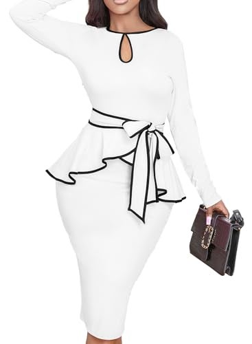 Yiershu Women Dress Elegant Peplum Business Dresses Sexy Split Long Sleeve Bodycon Knee Length Formal Pencil Back Zipper Dress(White,XXL) - Image 5