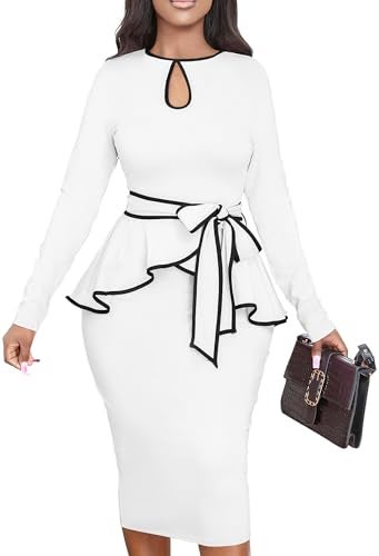 Yiershu Women Dress Elegant Peplum Business Dresses Sexy Split Long Sleeve Bodycon Knee Length Formal Pencil Back Zipper Dress(White,XXL) - Image 1