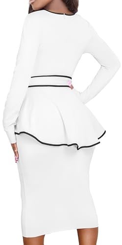 Yiershu Women Dress Elegant Peplum Business Dresses Sexy Split Long Sleeve Bodycon Knee Length Formal Pencil Back Zipper Dress(White,XXL) - Image 2