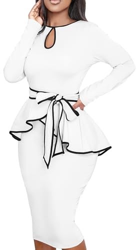 Yiershu Women Dress Elegant Peplum Business Dresses Sexy Split Long Sleeve Bodycon Knee Length Formal Pencil Back Zipper Dress(White,XXL) - Image 4