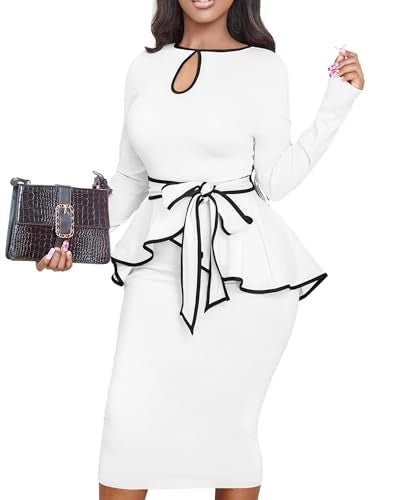 Yiershu Women Dress Elegant Peplum Business Dresses Sexy Split Long Sleeve Bodycon Knee Length Formal Pencil Back Zipper Dress(White,XXL) - Image 3