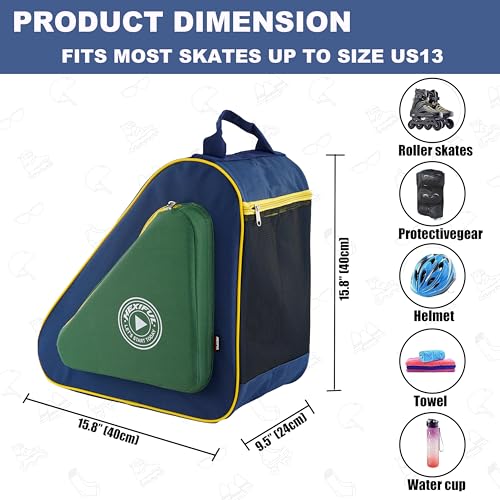 HEXIFUL Skate Bag to Carry Ice Skates, Inline Skates, Roller Skates and Quad Skates for Both Kids and Adults (Olive-Navyblue/Yellow) - Image 4