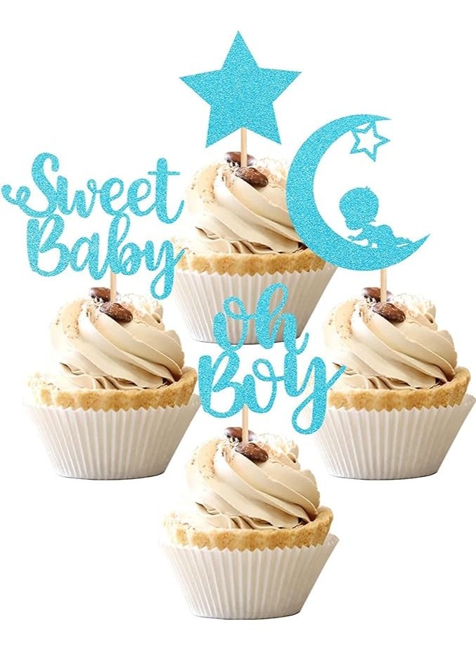 24 PCS Baby Shower Boy Cupcake Toppers with Moon Glitter Star Sweet Baby Boy Cupcake Picks Baby Shower Kids Boys Birthday Party Cake Decorations Supplies Blue (Sweet Baby (Boy))