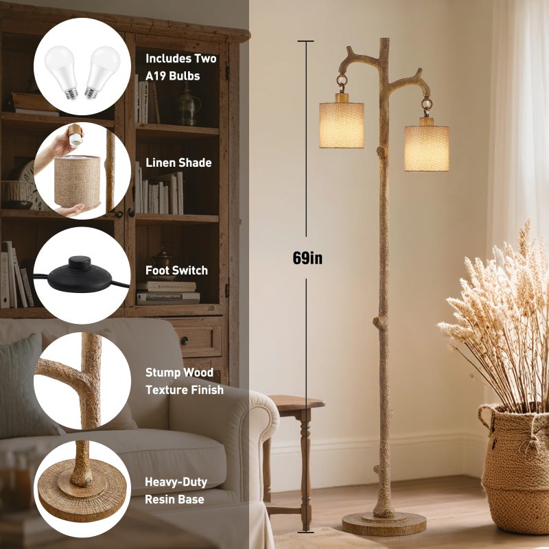 EJIAXIN Rustic Floor Lamp for Living Room - Newly Upgraded Heavy-Duty Resin Base Farmhouse Floor Lamp with 2 Country Vintage Reading Light - Standing Lamps for Bedroom Office Home Decor (Brown, 2 Bulbs) - Image 3