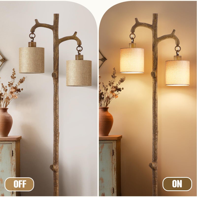 EJIAXIN Rustic Floor Lamp for Living Room - Newly Upgraded Heavy-Duty Resin Base Farmhouse Floor Lamp with 2 Country Vintage Reading Light - Standing Lamps for Bedroom Office Home Decor (Brown, 2 Bulbs) - Image 5