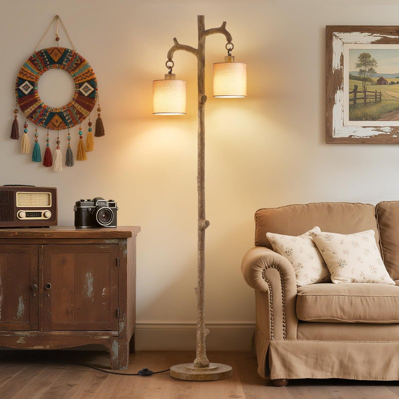 EJIAXIN Rustic Floor Lamp for Living Room - Newly Upgraded Heavy-Duty Resin Base Farmhouse Floor Lamp with 2 Country Vintage Reading Light - Standing Lamps for Bedroom Office Home Decor (Brown, 2 Bulbs) - Image 1