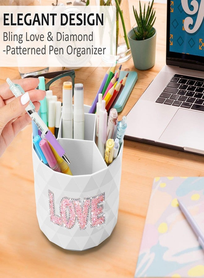 Nuozme Bling Desk Organizer, Glitter Love Rhinestone Rotating Pencil Pen Holders For Desk,Diamond-Patterned Pen Organizer With 5 Compartments,Stylish Desk Accessories For Office School Home (White) - Image 2
