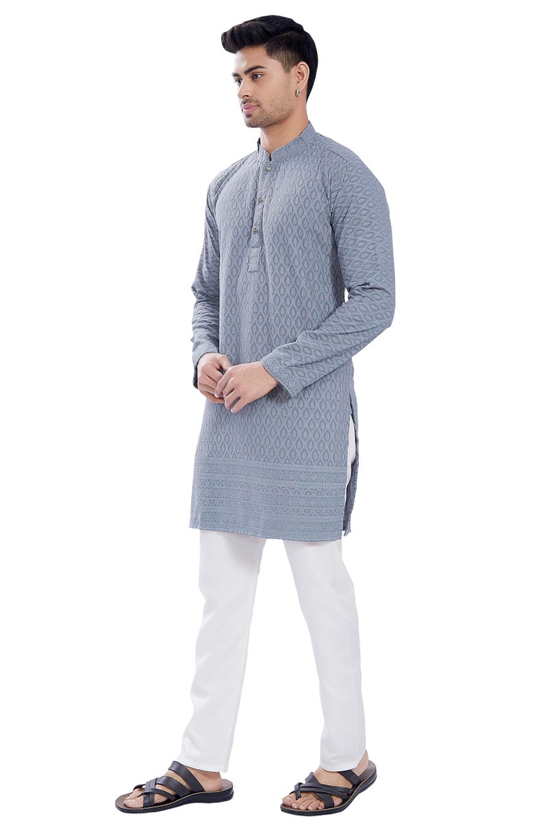 DIVISIVE Men's Thread Embroidered Cotton Blend Only Slim Fit Kurta (DKRT727_S_Grey) - Image 3