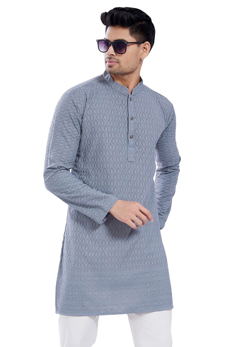 DIVISIVE Men's Thread Embroidered Cotton Blend Only Slim Fit Kurta (DKRT727_S_Grey) - Image 1