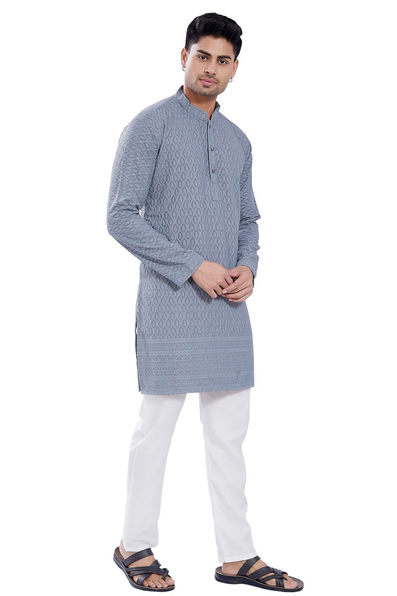 DIVISIVE Men's Thread Embroidered Cotton Blend Only Slim Fit Kurta (DKRT727_S_Grey) - Image 2