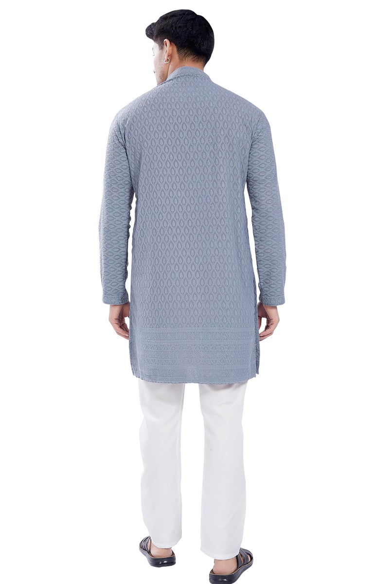 DIVISIVE Men's Thread Embroidered Cotton Blend Only Slim Fit Kurta (DKRT727_S_Grey) - Image 4