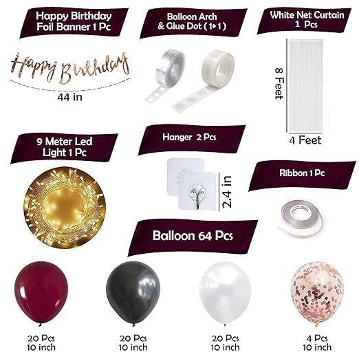 BRIJBAZAAR Black and Maroon Birthday Decoration Items - 72Pcs Happy Birthday Decoration Kit with Metallic Balloons | Maroon and Black Decorations | DIY Combo Kit | Net Curtains | Balloon Arch Strip - Image 2