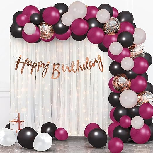 BRIJBAZAAR Black and Maroon Birthday Decoration Items - 72Pcs Happy Birthday Decoration Kit with Metallic Balloons | Maroon and Black Decorations | DIY Combo Kit | Net Curtains | Balloon Arch Strip - Image 1
