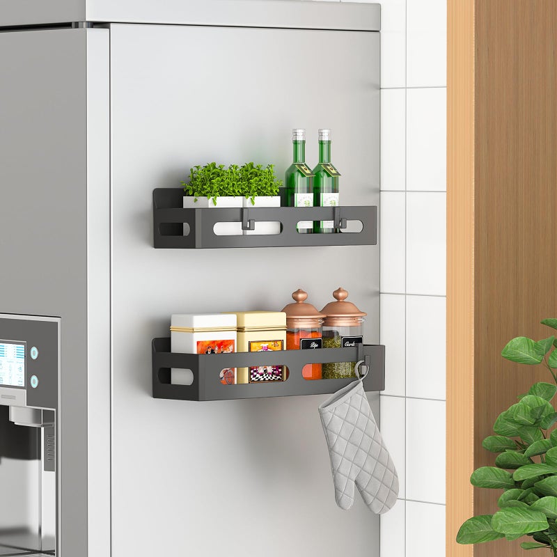 Sevenblue 2 Pack Strong Magnetic Spice Rack for Refrigerator, Multipurpose Magnetic Shelf for Fridge with 4 Hooks for kitchen and Bathroom Organization, Black - Image 1