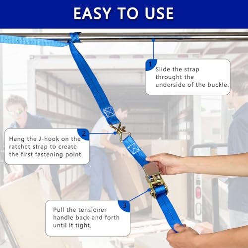 Sweecomb Ratchet Straps (4-Pack), 1 Inch x 16.4 Feet (2200lb Break Strength) with Sturdy Metal Hooks, 1x Work Gloves, Heavy Duty Tie Down Straps for Truck, Cargo Trailer, Motorcycle, Luggage, Moving (Blue) - Image 5
