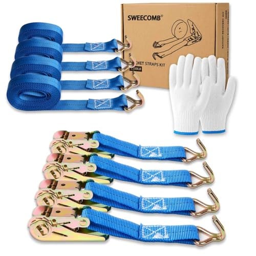 Sweecomb Ratchet Straps (4-Pack), 1 Inch x 16.4 Feet (2200lb Break Strength) with Sturdy Metal Hooks, 1x Work Gloves, Heavy Duty Tie Down Straps for Truck, Cargo Trailer, Motorcycle, Luggage, Moving (Blue) - Image 1