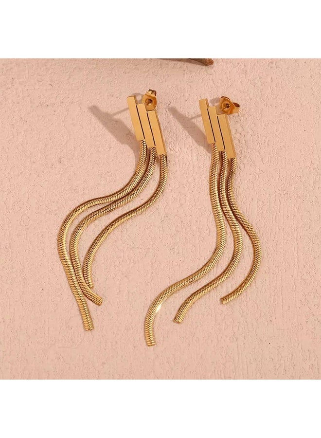 316 Stainless Steel Waterproof & Tarnish-Proof Snake Chain Tassel Drop Earrings - Image 1