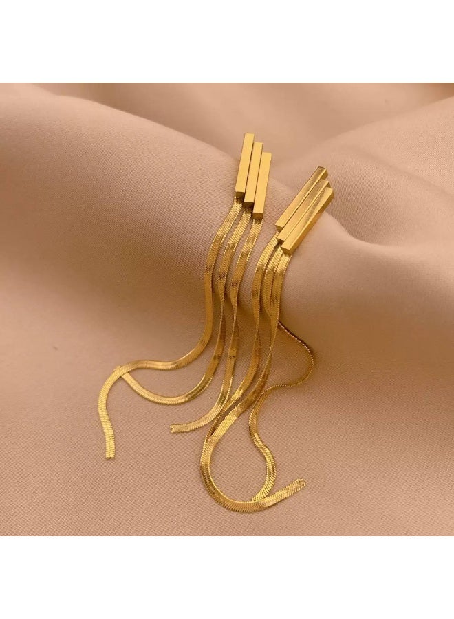 316 Stainless Steel Waterproof & Tarnish-Proof Snake Chain Tassel Drop Earrings - Image 4