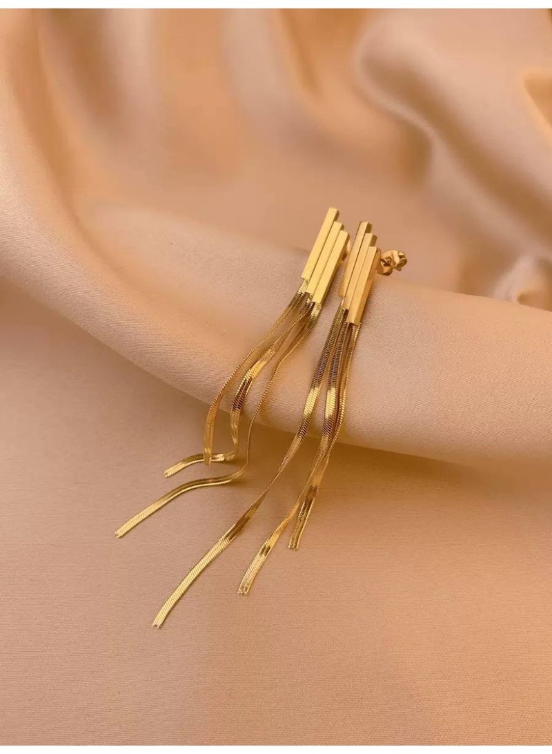 316 Stainless Steel Waterproof & Tarnish-Proof Snake Chain Tassel Drop Earrings - Image 3