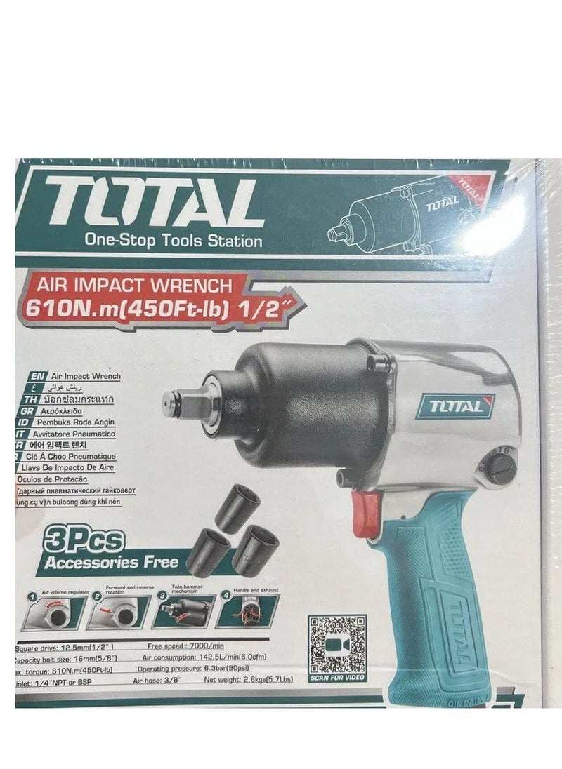 TOTAL Super Total Air Impact Wrench Twin Hammer – 1/2" Square Drive, 610Nm Torque, Perfect for Heavy-Duty Automotive Use Impact Gun for Auto Repair, Changing Tires and Automobile  - Image 2
