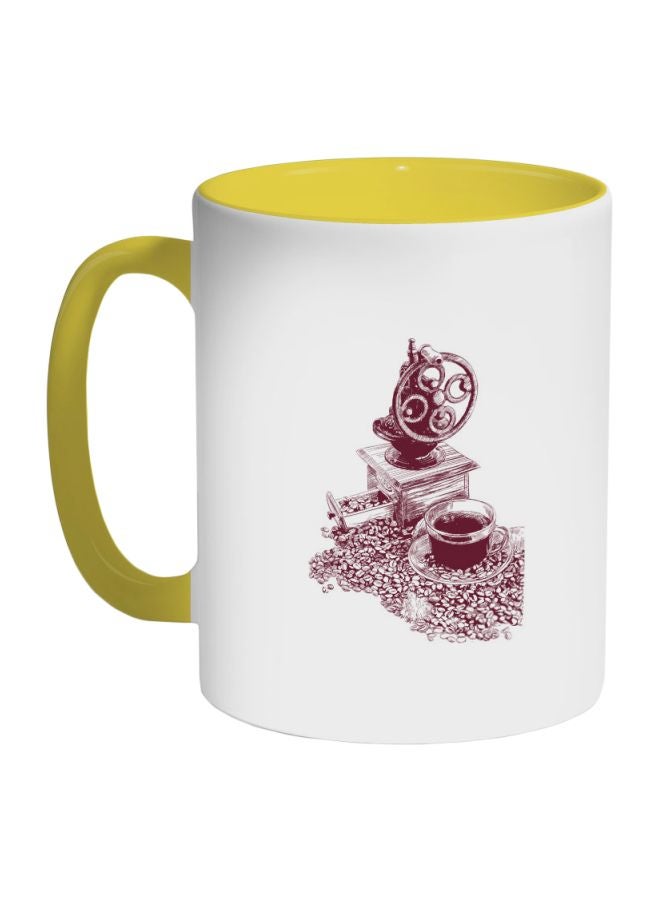RYN Coffee Grinder And Bean Printed Coffee Mug Yellow/White/Brown 325ml