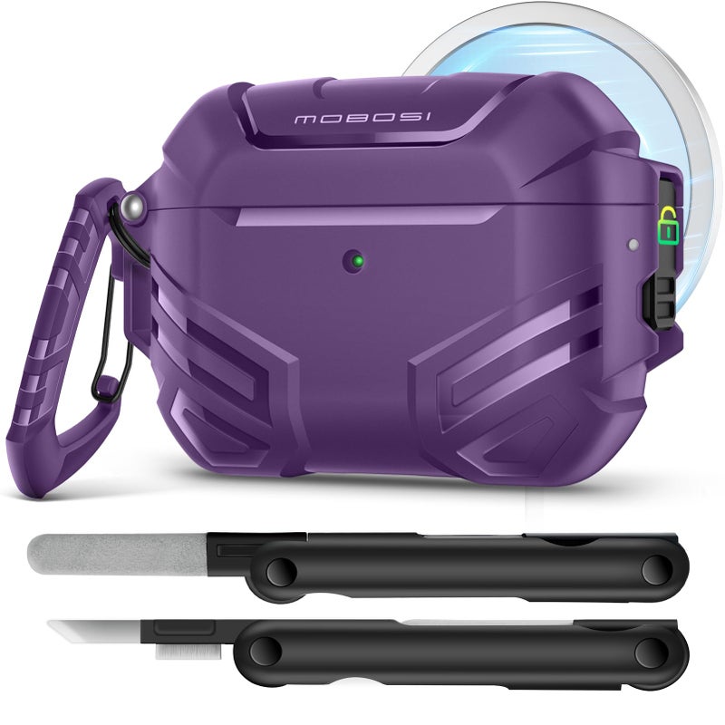MOBOSI for AirPods Pro 3 Case with Lock, Compatible with AirPod Pro 3rd Generation Case [Compatible with MagSafe], Military Grade Protective Cover with Cleaner Kit & Keychain for Men(2025), Purple - Image 1