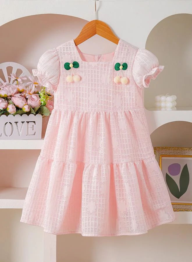 Take Two Girls Pink Embroidered Cherry Textured Dress