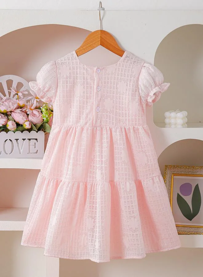 Take Two Girls Pink Embroidered Cherry Textured Dress