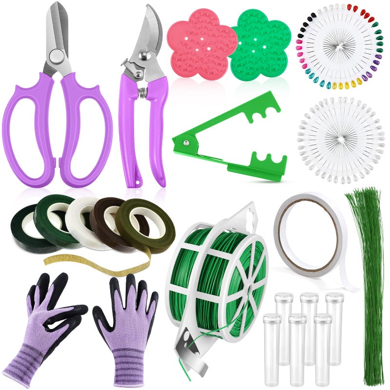 WILLBOND 121 Pcs Floral Arrangement Tool Kit, Valentine Rose Thorn Remover Pruner Trimmer Gloves 22/26 Gauge Paddle Tie Stem Pearl Corsage Pin Pruning Shears, Florist Tool Gift for Women - Image 1