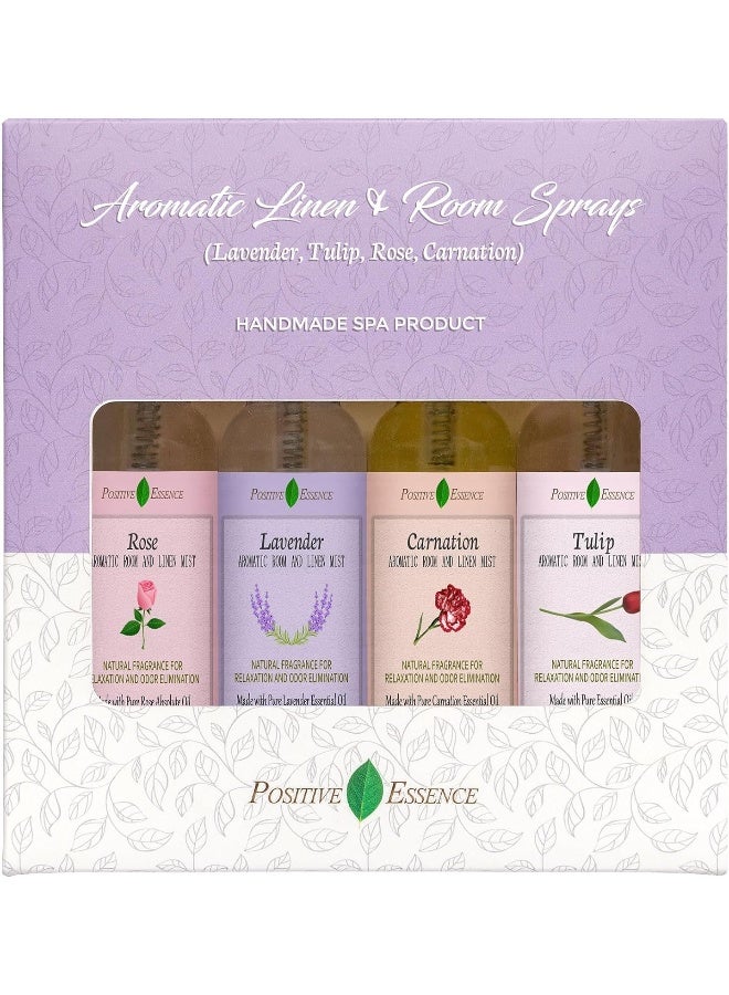 Positive Essence Pillow Spray Floral Gift Set, 4-Pack 61 Ml (Lavender, Carnation, Rose, And Tulip) Natural Pillow Sprays Made With Pure Essential Oils And Minimal Ingredients, Bathroom Spray  - Image 1