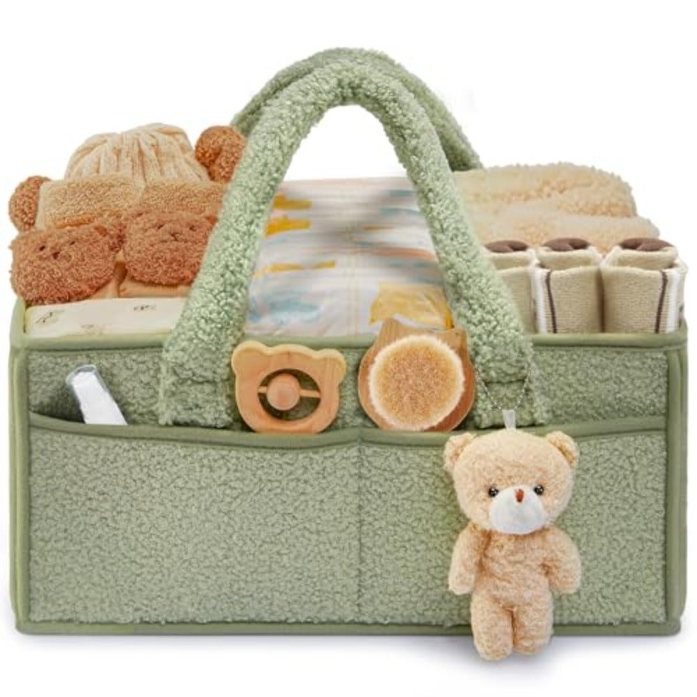 Baby Diaper Caddy Organizer, Baby Caddy Organizer for Changing Table, Portable Newborn Shower Basket Gifts Storage Changing Wipes Bag Car Nursery Infant Boy or Girl Baby Green