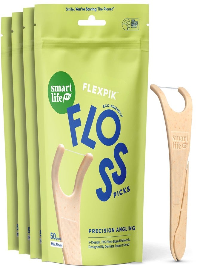 SmartLifeco Eco-Friendly Angled Dental Floss Picks (200ct - Made with Straw Wheat Blend, Superior Anti-Shred Thread for Molars & Back Teeth, Tooth Pick Stick for Adults, Soft on Gums, Vegan, Mint - Image 1