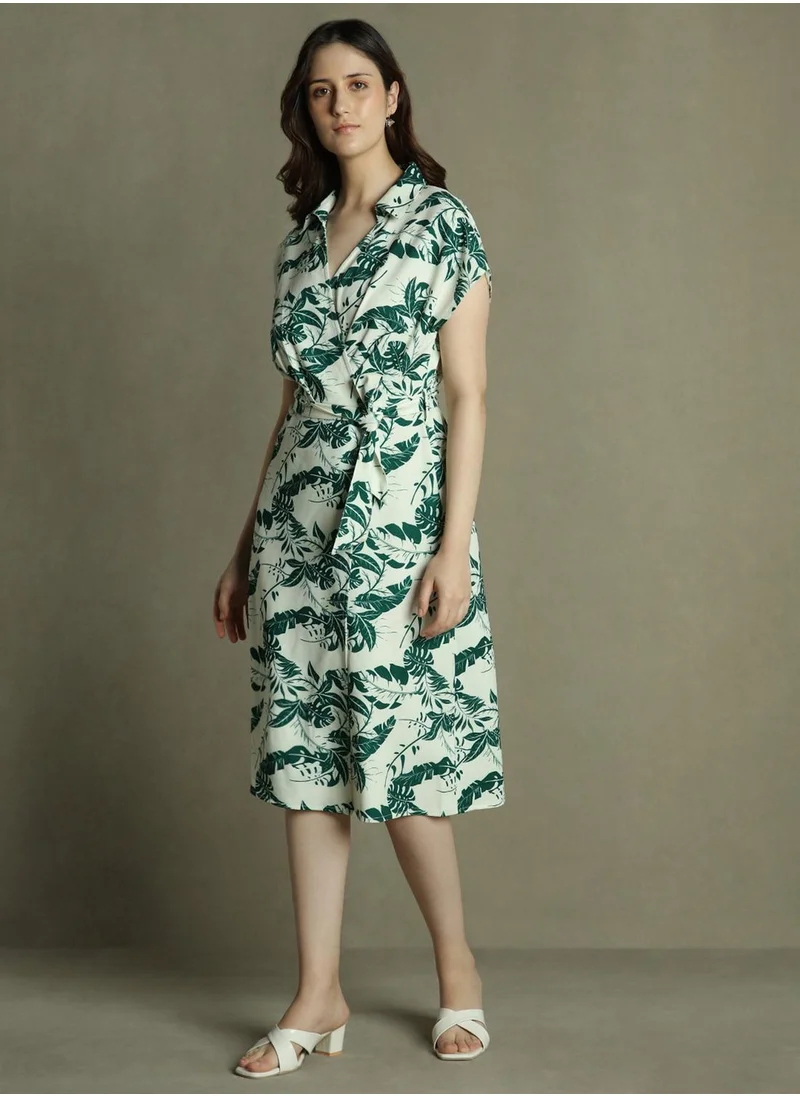 دينيس لينغو Women's Green Polyester Blend Printed Regular Fit Dress