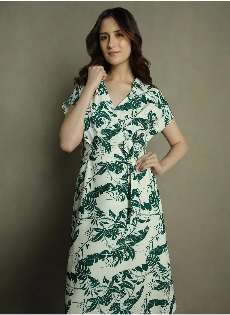 دينيس لينغو Women's Green Polyester Blend Printed Regular Fit Dress