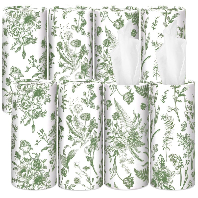 Zonon 8 Pcs Car Tissues Holder Sage Green Floral Round Box with Facial Tissue Bulk Flower Car Tissues Cylinder with 50 Sheets Face Towel Fit for Fall Cube Box Vintage Round Tubes Cup Holder Container - Image 1