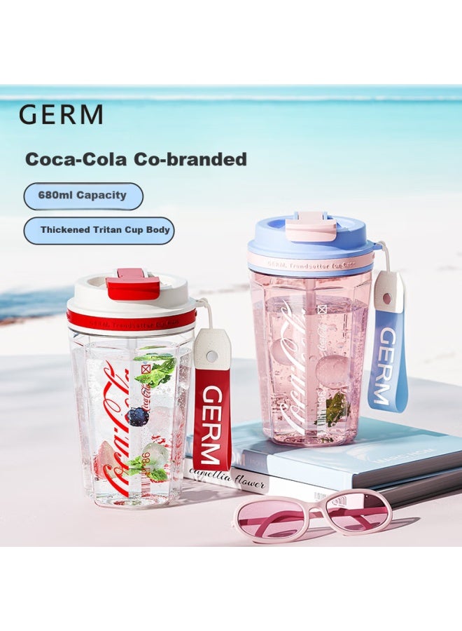 Germ Cola Coffee Cup, Women's Stylish Plastic Water Bottle With Straw, Dual-use Portable Cup, 680ml, Pink And Blue - Image 1