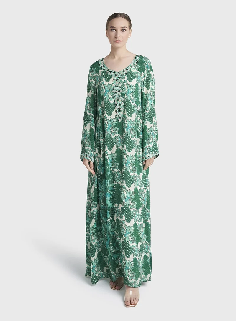 كشخة Green Colour Hand Work Viscose Crepe Vine Printed Jalabiya (VG3139)