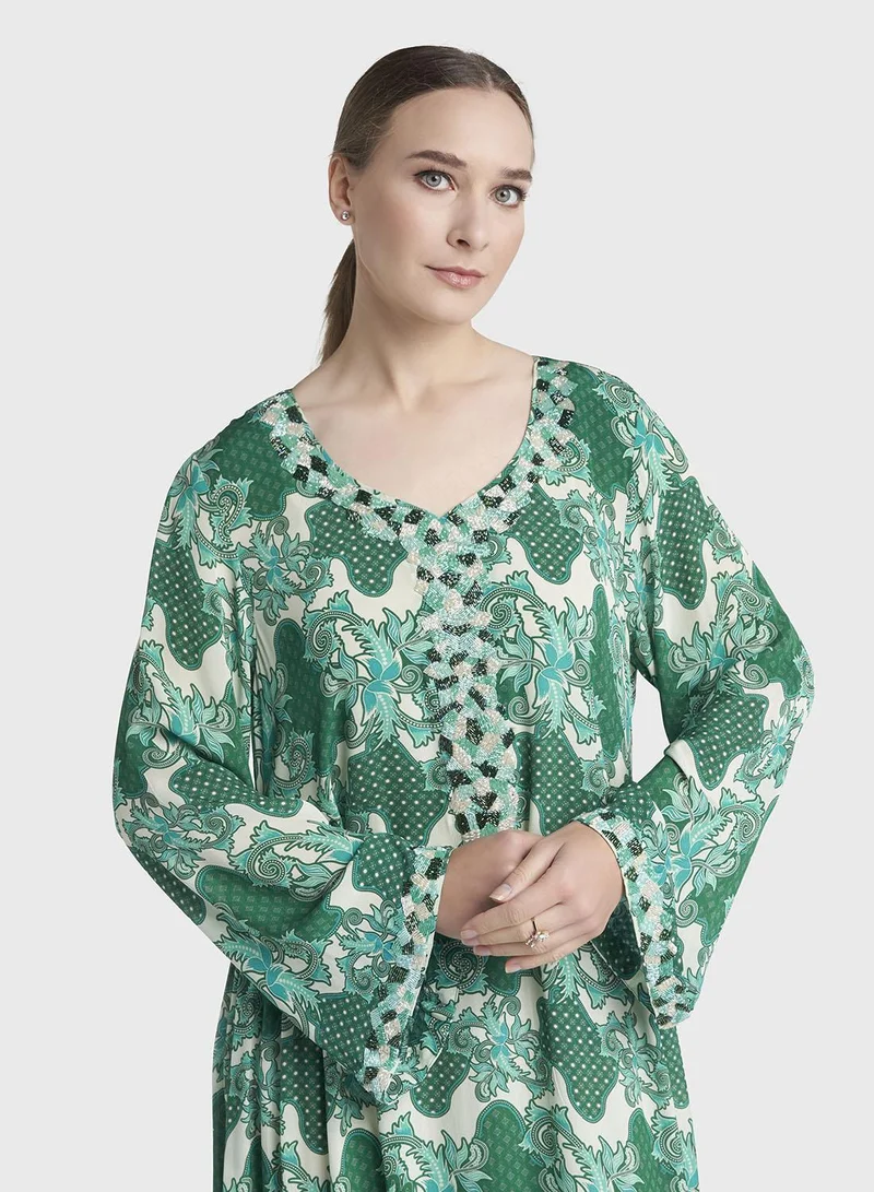 كشخة Green Colour Hand Work Viscose Crepe Vine Printed Jalabiya (VG3139)