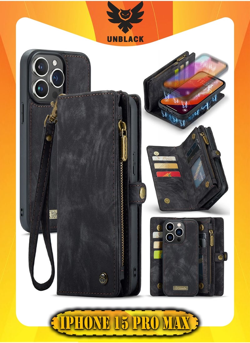 CaseMe Protective Phone Cover Case Wallet Case For Apple iPhone 15 Pro Max, 2 in 1 Detachable Premium Leather Magnetic Zipper Pouch Wristlet Flip Phone Case (Black)  - Image 1