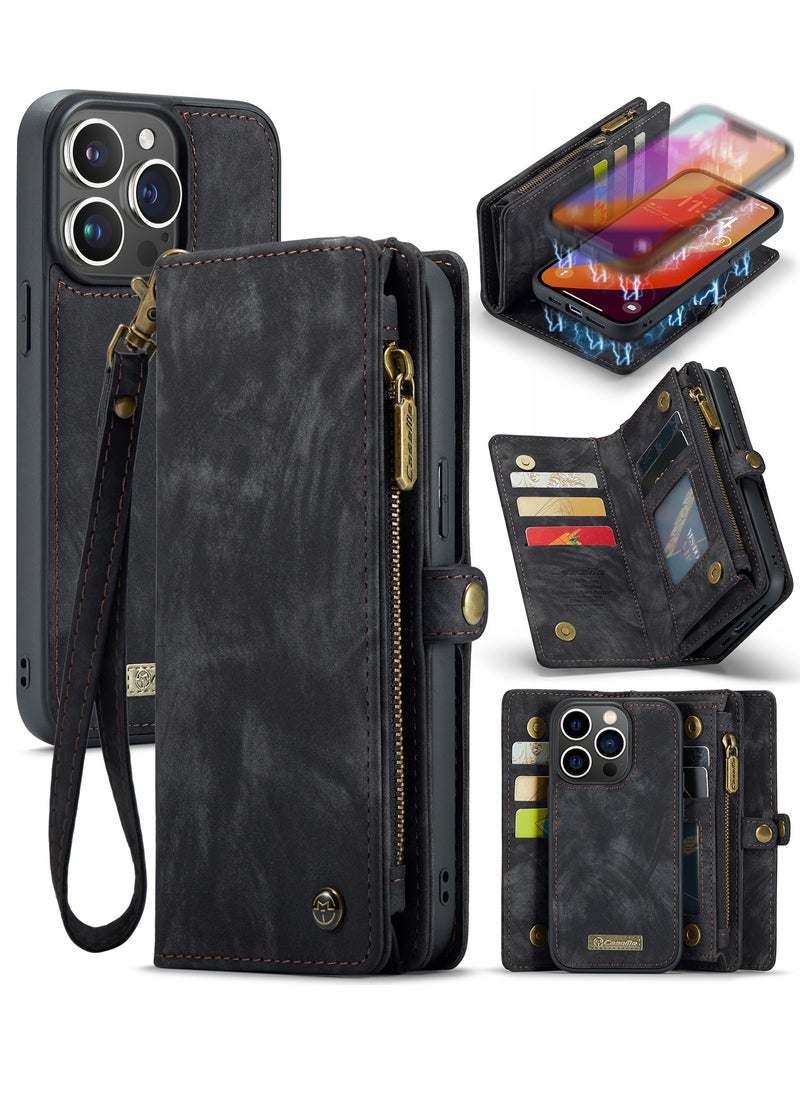 CaseMe Protective Phone Cover Case Wallet Case For Apple iPhone 15 Pro Max, 2 in 1 Detachable Premium Leather Magnetic Zipper Pouch Wristlet Flip Phone Case (Black)  - Image 2
