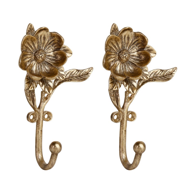 SOFFEE DESIGN 2PCS Golden Flower Metal Hooks, Heavy Duty Coat Hanger for Entryway Bathroom Living Room, Vintage Style Robe Hook - Image 1