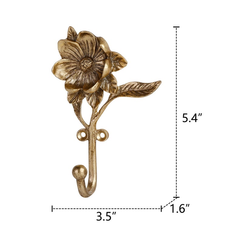 SOFFEE DESIGN 2PCS Golden Flower Metal Hooks, Heavy Duty Coat Hanger for Entryway Bathroom Living Room, Vintage Style Robe Hook - Image 2