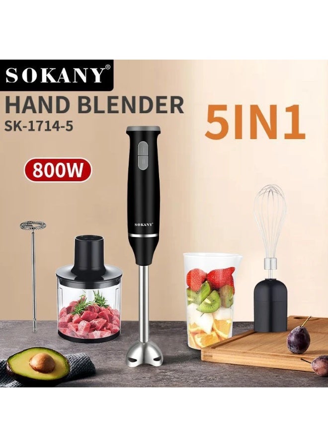 Sokany SK-1714-5 5-in-1 Hand Blender Set, 800W High Power – Stainless Steel Shaft with Chopper, Whisk, Milk Frother & Beaker – Black - Image 3